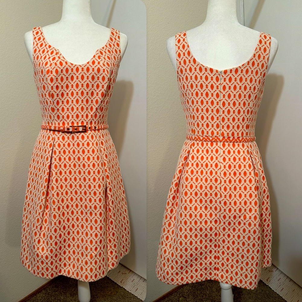 TRINA TURK A-Line Belted Retro Dress Geometric Pattern EUC